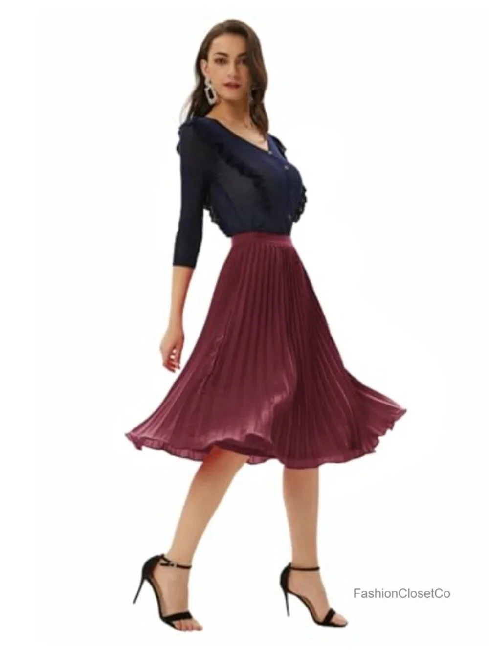 Pleated Chiffon A-Line Midi Skirt Elastic Waist Below Knee